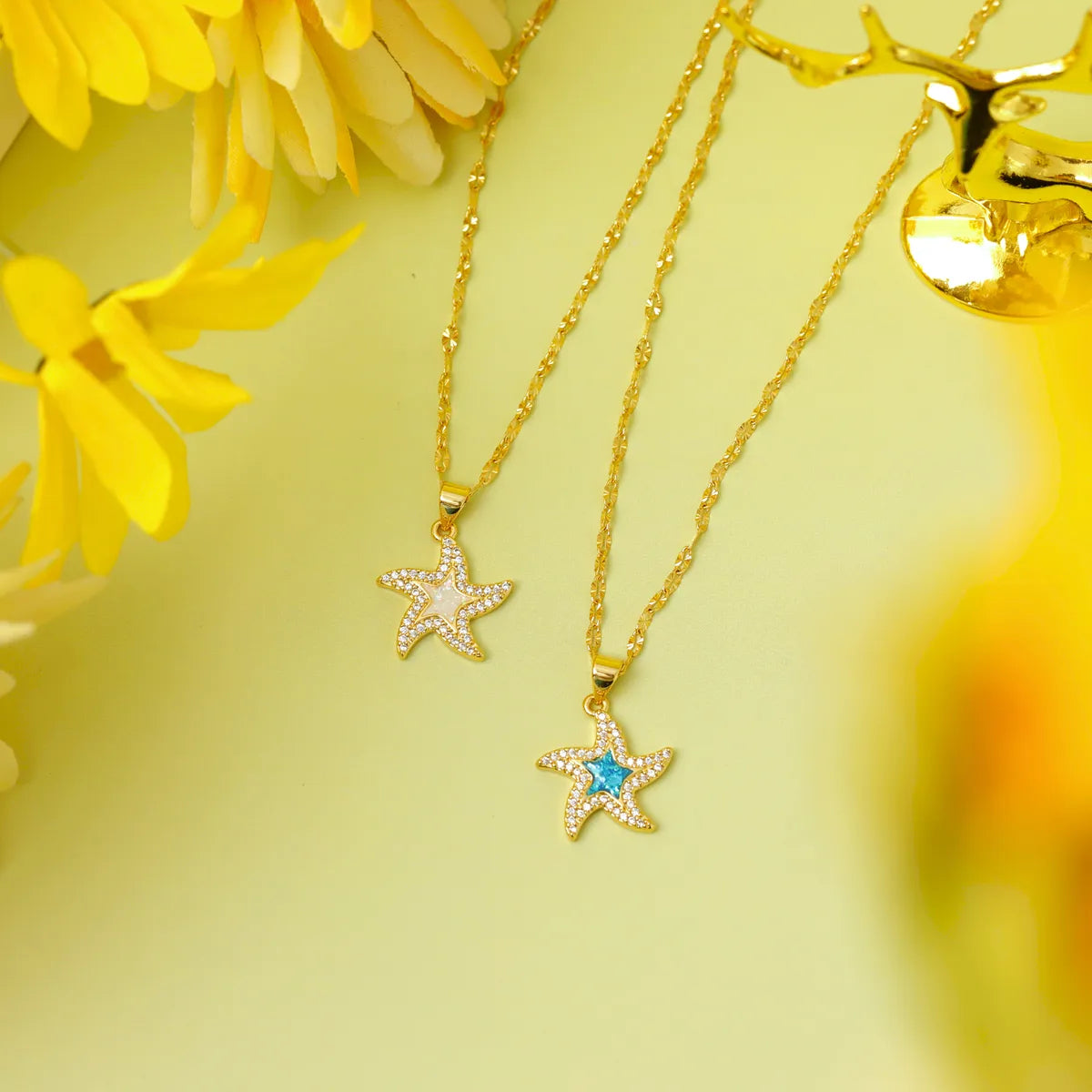 Women’s custom-designed necklaces-304 Stainless Steel Copper 18K Gold Plated Inlay Starfish Gem Resin Zircon Pendant Necklace