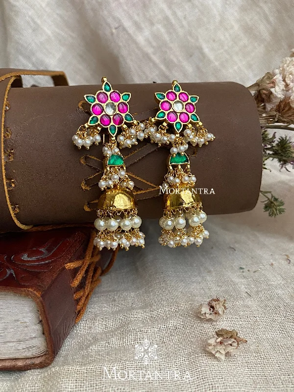 Women’s chunky earrings-Multicolor Gold Plated Jadau Kundan Earrings - ME989MA