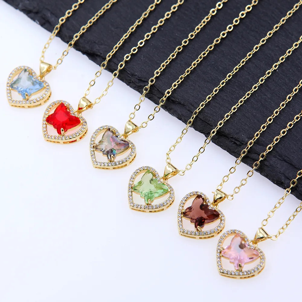 Women’s choker necklaces-Copper 18K Gold Plated Hollow Out Inlay Heart Shape Butterfly Zircon Pendant Necklace