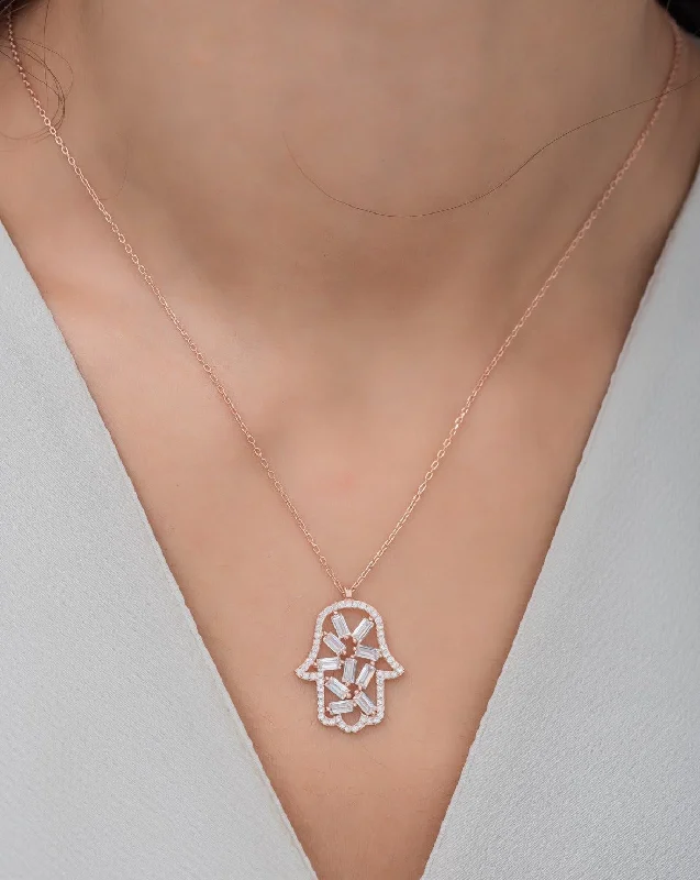 Women’s rose gold necklaces-Baguette Stone Hand Necklace