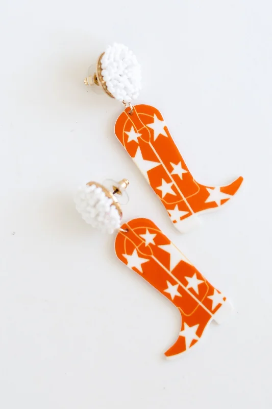 Women’s rose gold earrings-Orange + White Cowboy Boot Earrings