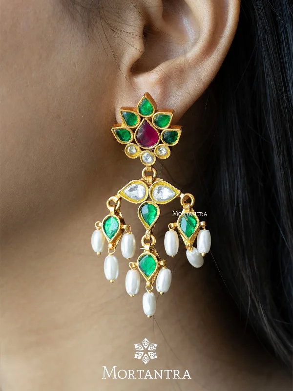 Women’s silver dangle earrings-Multicolor Gold Plated Jadau Kundan Earrings - ME1047M