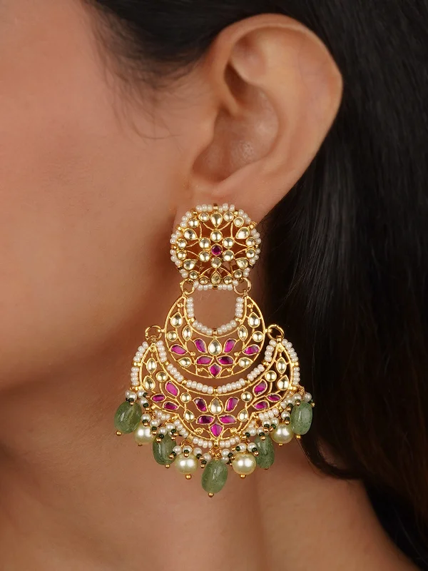 Women’s oval earrings-Pink Color Gold Plated Jadau Kundan Earrings - ME1058YP