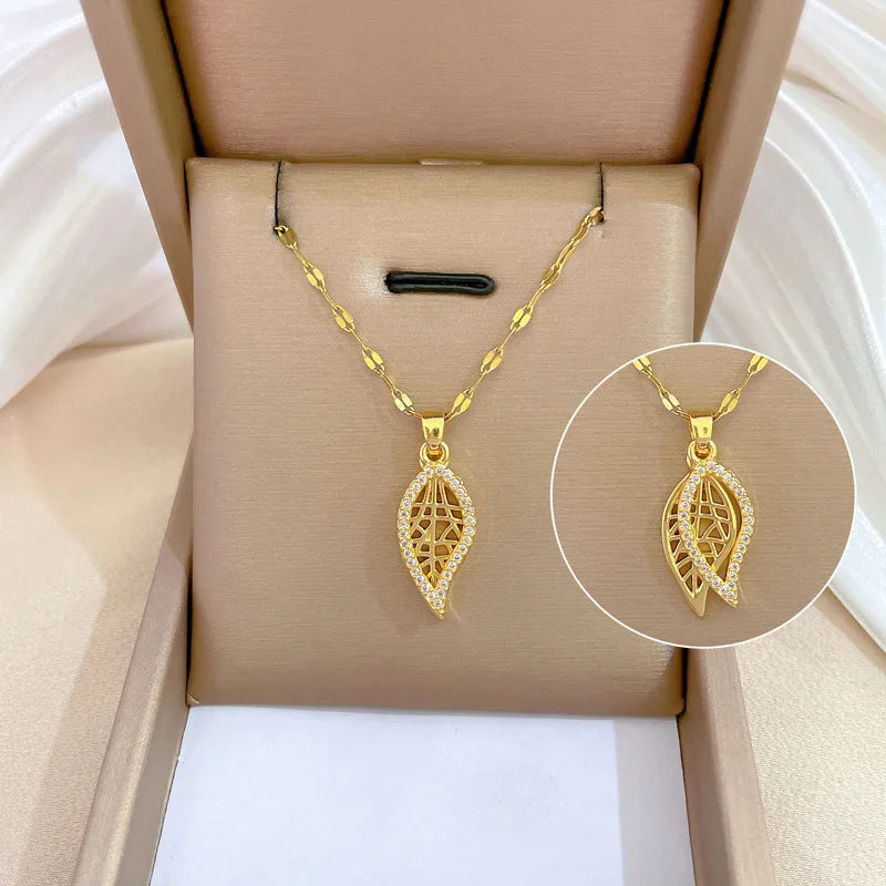 Women’s layered gold necklaces-Wholesale French Style Classic Style Leaves 316 Stainless Steel  Copper Inlay 18K Gold Plated Zircon Pendant Necklace