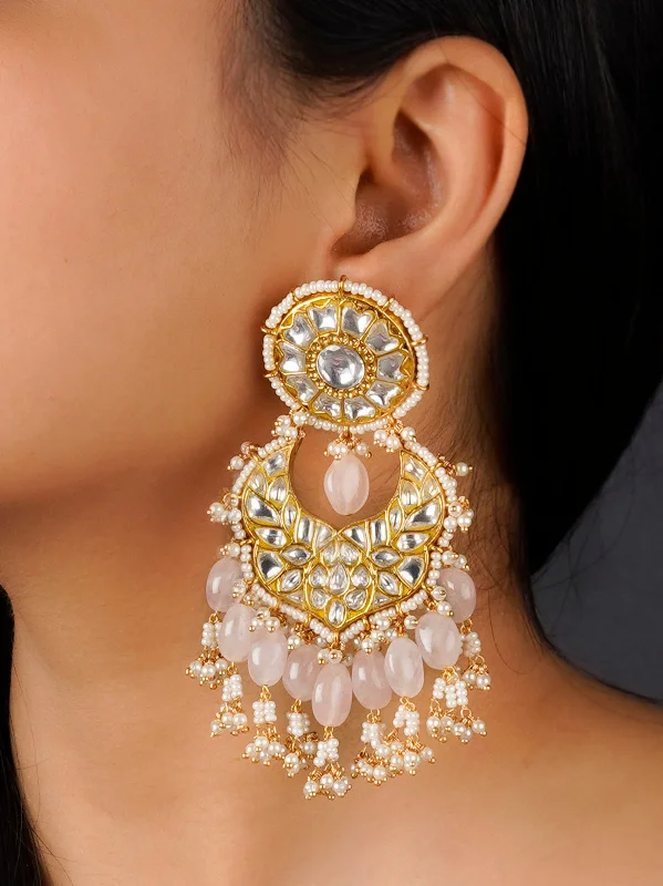 Women’s luxury gold earrings-Baby Pink Color Gold Plated Thappa Jadau Kundan Earrings - TJ-E9