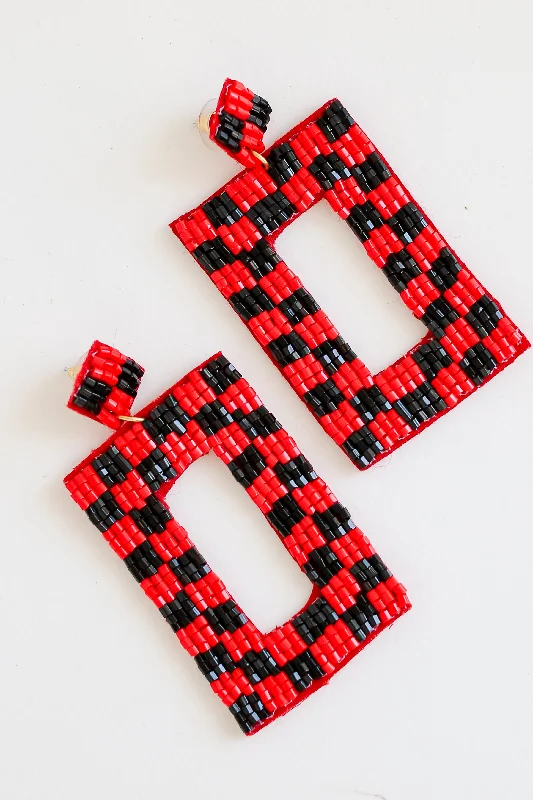 Women’s flower-shaped earrings-Red + Black Checkered Beaded Statement Earrings