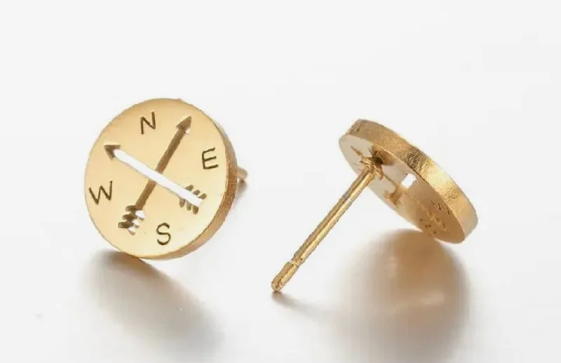 Women’s white gold earrings-Beautiful Gold or Silver Compass Stud Earrings