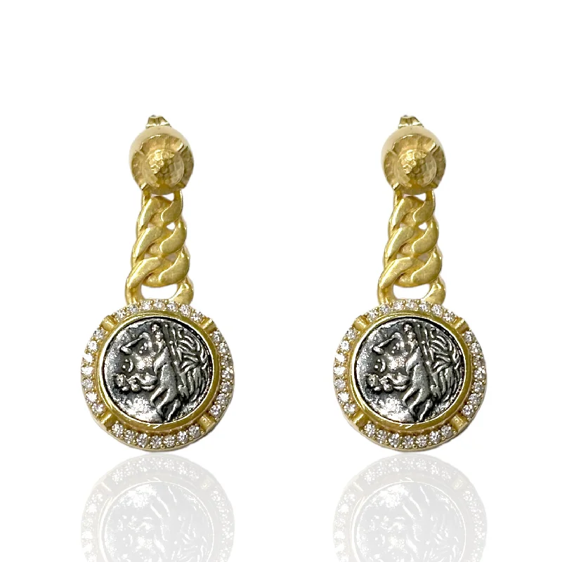 Women’s clip-on earrings-GOLD CIRO COIN & CHAIN EARRINGS