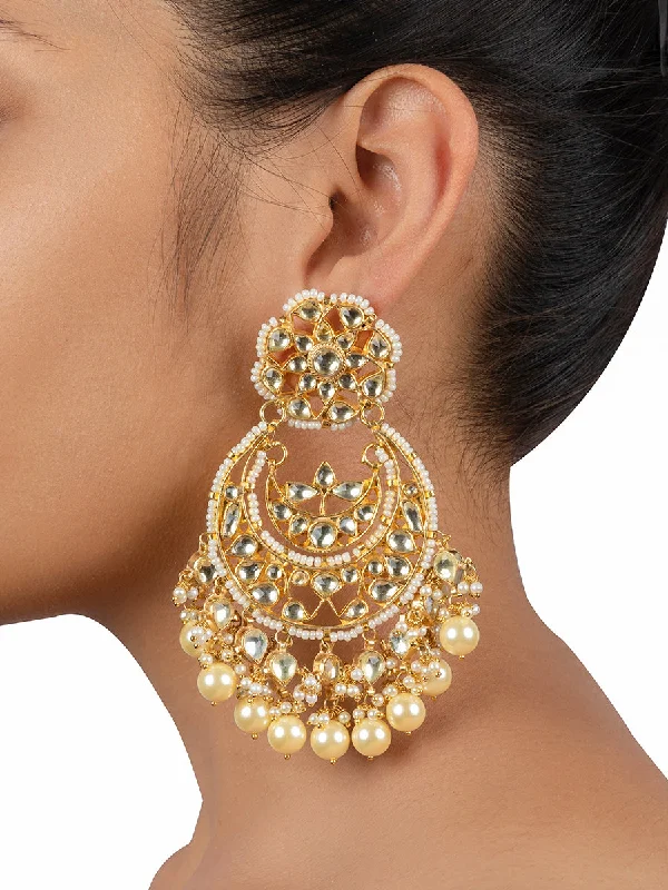 Women’s large hoop earrings-White Color Gold Plated Jadau Kundan Earrings - ME1Y