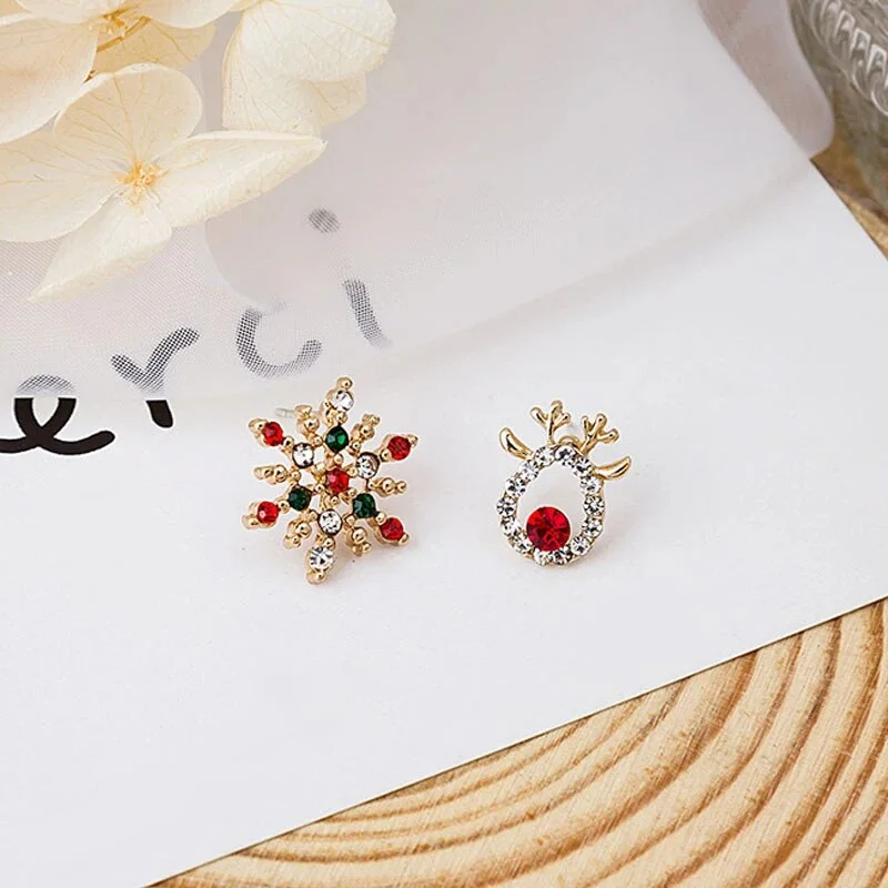 Women’s white gold earrings-Adorable Crystal Rudolph Reindeer and Snowflake Stud Earrings