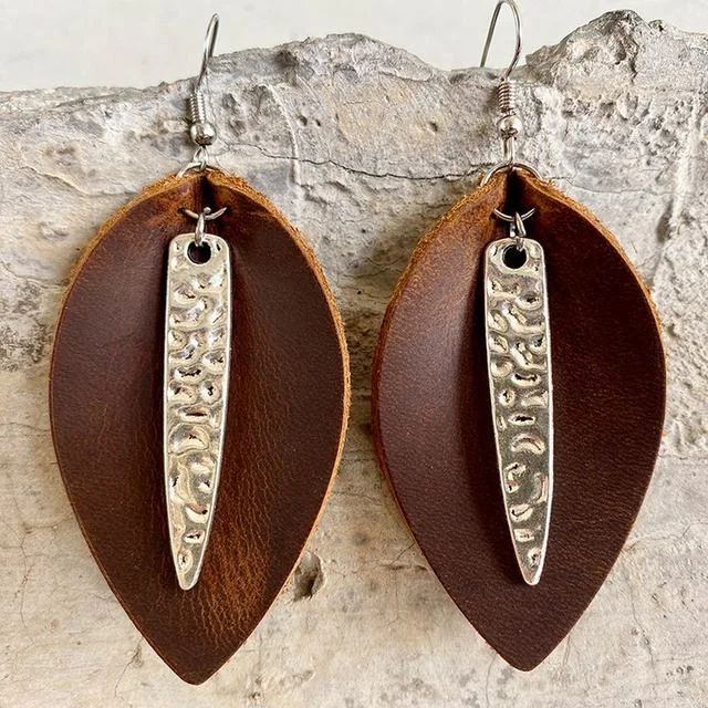 Women’s minimalist gold earrings-Genuine Leather Leaf Earrings