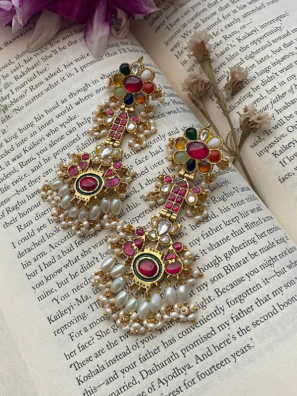 Women’s personalized earrings-Multicolor Gold Plated Jadau Kundan Earrings - ME927M