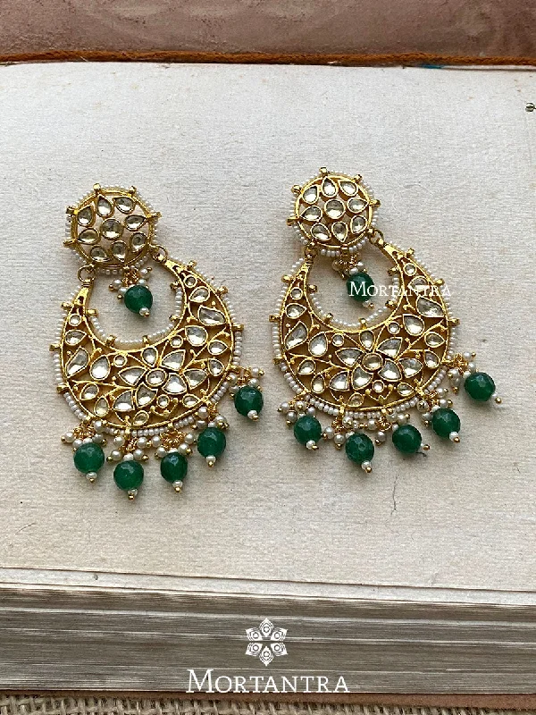 Women’s wedding earrings-Green Color Gold Plated Jadau Kundan Earrings - ME861YC