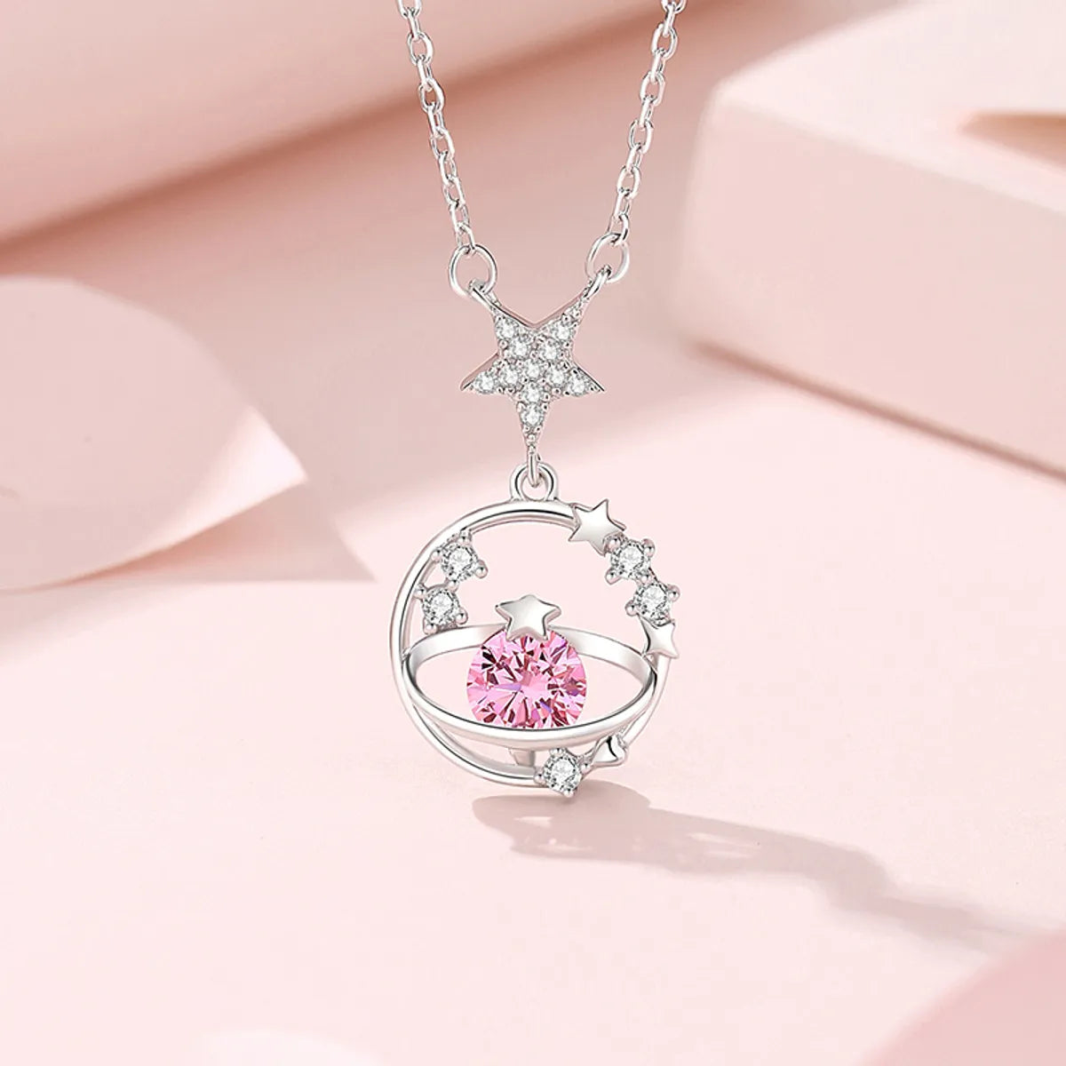 Women’s cubic zirconia necklaces-Ig Style Elegant Star Sterling Silver Three-dimensional Zircon Pendant Necklace