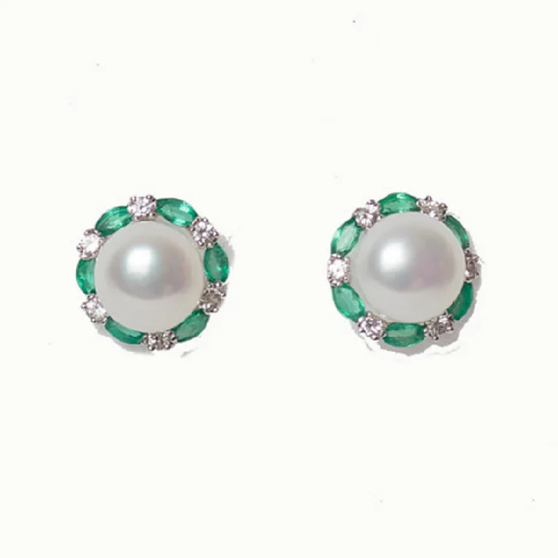 Women’s silver earrings-White Gold - Mother of Pearl with White Sapphires & Emeralds