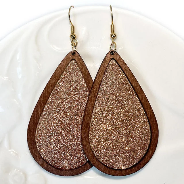 Women’s gold earrings-Beautiful Gold Glitter Wood Drop Earrings