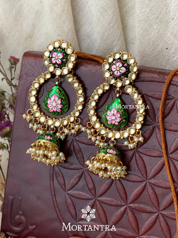 Women’s statement chandelier earrings-Multicolor Gold Plated Jadau Kundan Earrings - ME901GR