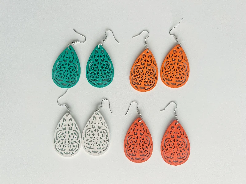 Women’s long drop earrings-Set of Four Beautiful Carved Wood Earrings