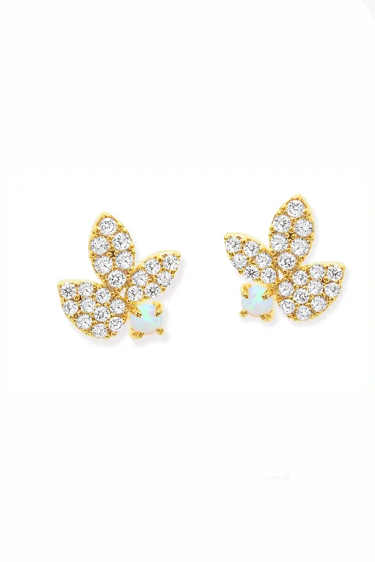 Women’s bohemian earrings-Triple Leaf CZ & Opal Stud Earrings