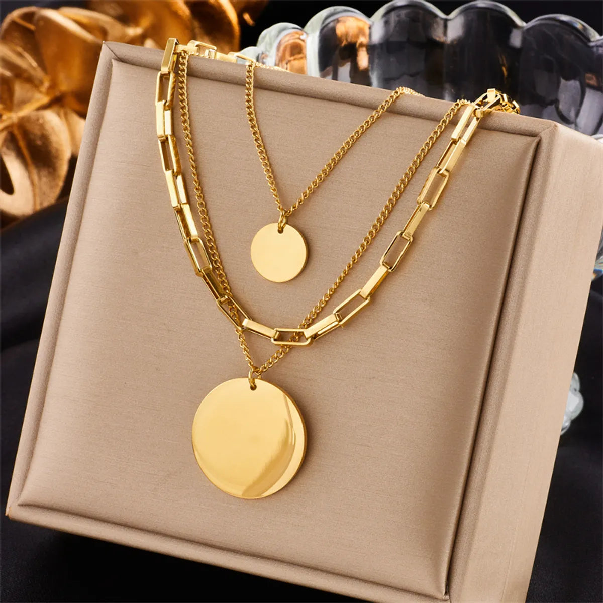 Women’s long pendant necklaces-Retro Punk Round Stainless Steel Layered Plating 18k Gold Plated Layered Necklaces