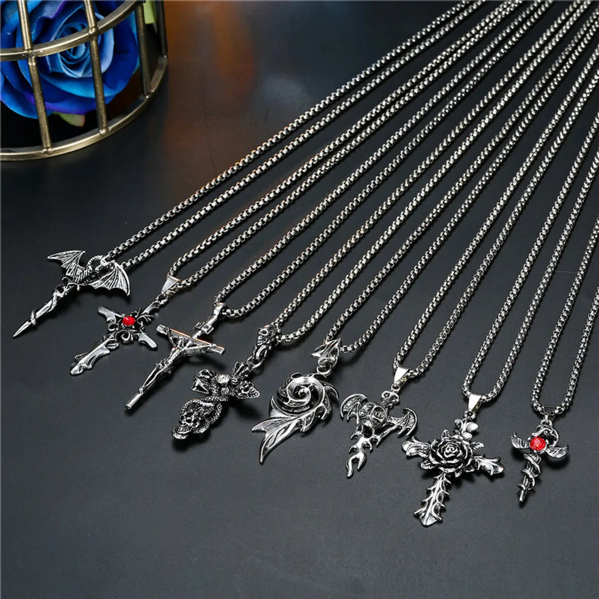 Women’s silver chain with pendant necklaces-European Punk Vintage Skull Rose Cross Pendant Necklace Men And Women Ancient Silver Gemstone Necklace