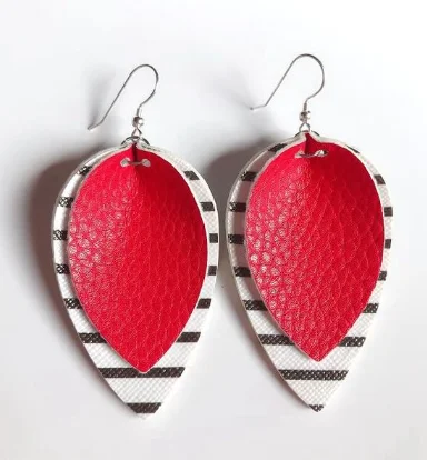 Women’s antique earrings-Red Striped Leather Drop Earrings