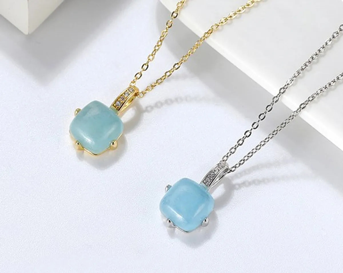 Women’s layered necklaces-Simple Style Solid Color Sterling Silver Inlay Aquamarine Pendant Necklace