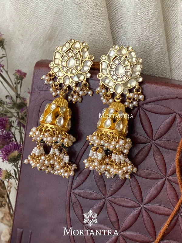 Women’s square earrings-White Color Gold Plated Jadau Kundan Earrings - ME863Y