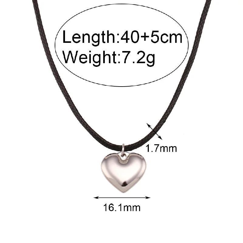 Simple Chain Peach Heart Pendant Necklace-Black rope-Steel Color