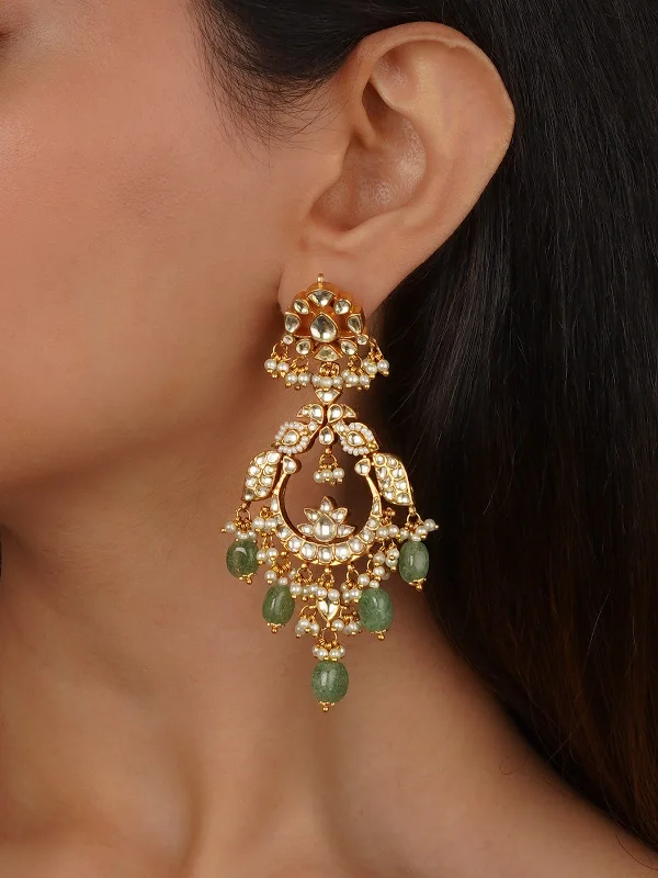 Women’s rhinestone earrings-Green Color Gold Plated Jadau Kundan Earrings - ME1306Y