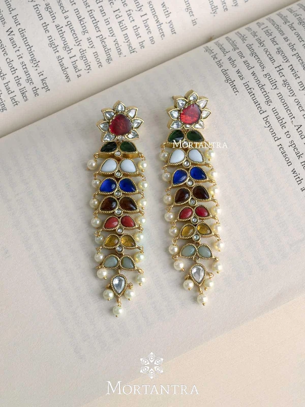 Women’s colorful earrings-Navratna Gold Plated Jadau Kundan Earrings - ME1077N