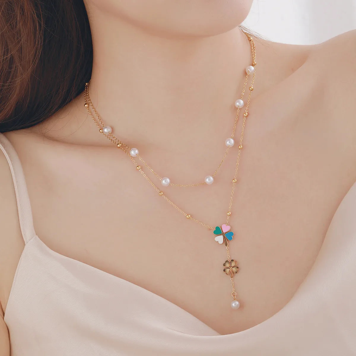 Women’s classic gold necklaces-304 Stainless Steel Imitation Pearl Copper 18K Gold Plated Casual Elegant Plating Heart Shape Flower Double Layer Necklaces