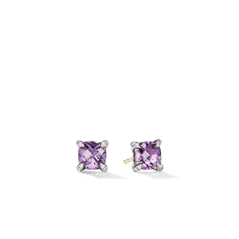 Women’s minimalist earrings-Petite Chatelaine® Stud Earrings in Sterling Silver with Amethyst and Diamonds\, 6mm