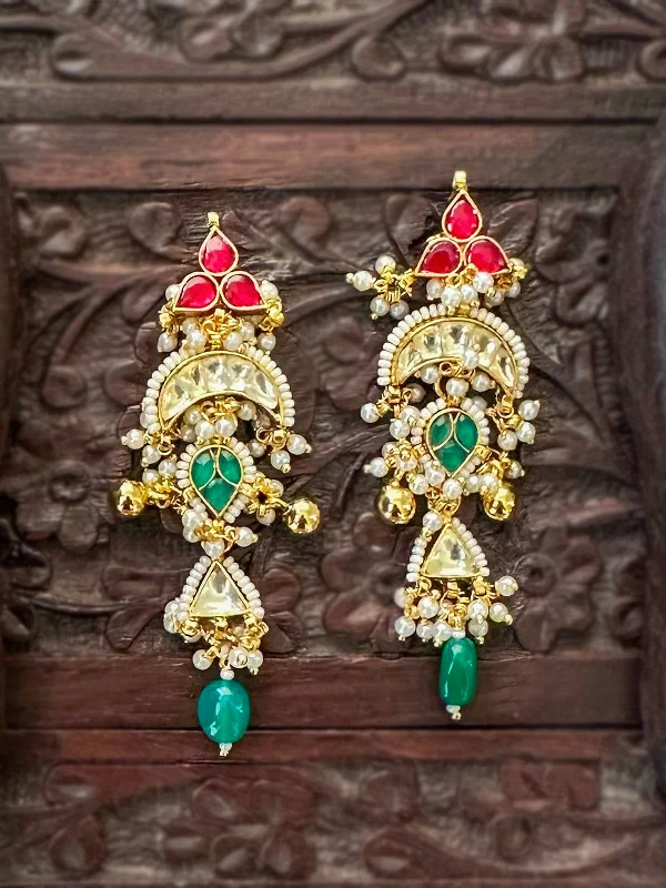 Women’s gold dangle earrings-Multicolor Gold Plated Jadau Kundan Earrings - ME999M