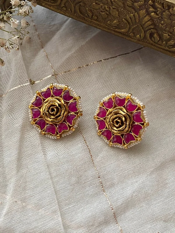 Women’s square earrings-Pink Color Gold Plated Jadau Kundan Earrings - ME821P