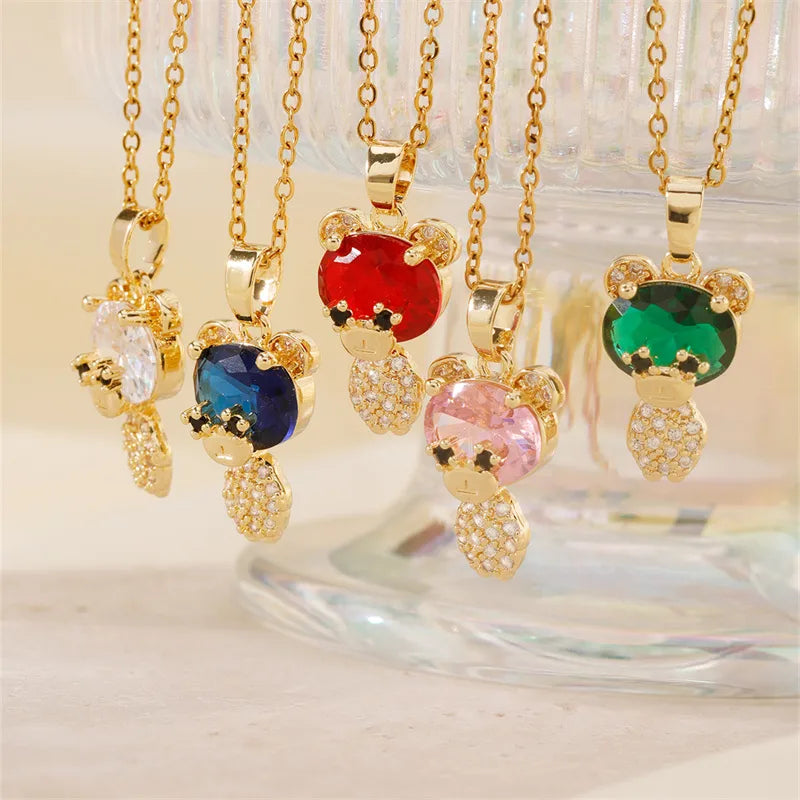 Women’s sparkling diamond necklaces-304 Stainless Steel Copper K Gold Plated Cute Sweet Korean Style Three-Dimensional Inlay Little Bear Zircon Pendant Necklace