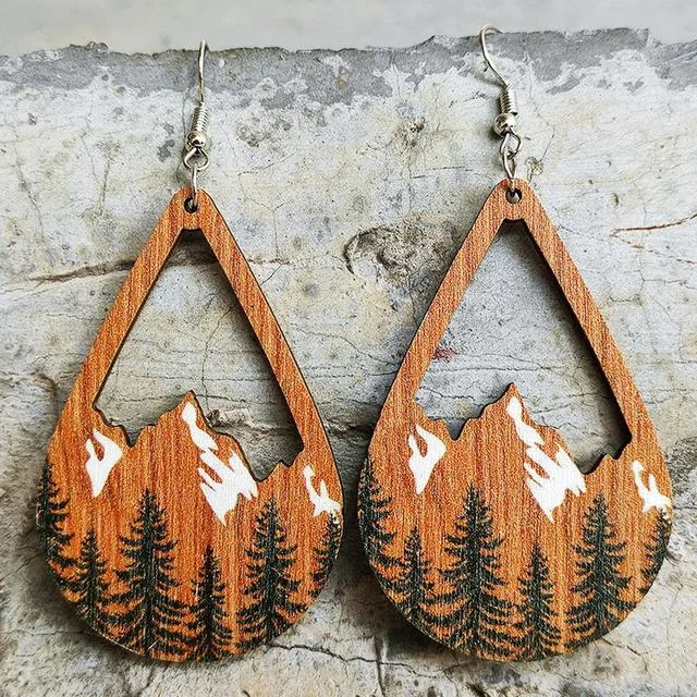 Women’s artistic earrings-Beautiful Wood Snowy Mountain Earrings