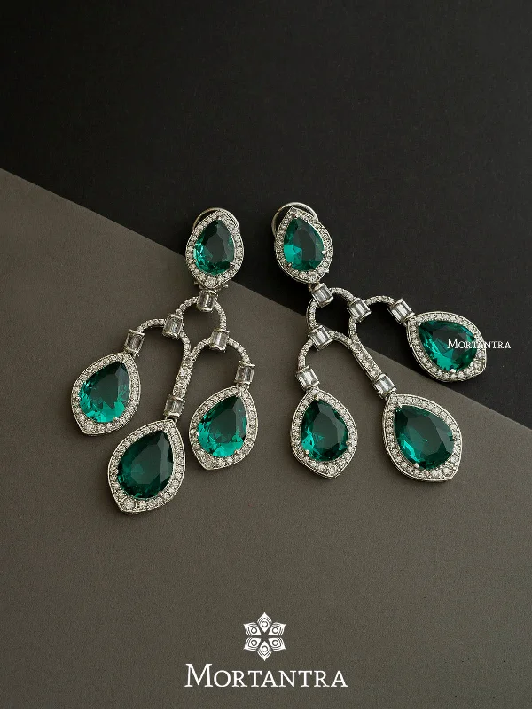 Women’s antique earrings-Green Color Silver Plated Faux Diamond Earrings - CZEAR467GR