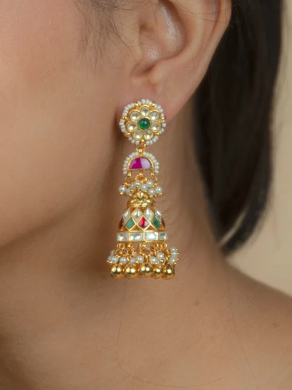 Women’s diamond earrings-Multicolor Gold Plated Jadau Kundan Earrings - ME824M