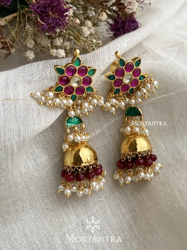 Women’s pearl drop earrings-Multicolor Gold Plated Jadau Kundan Earrings - ME989MB