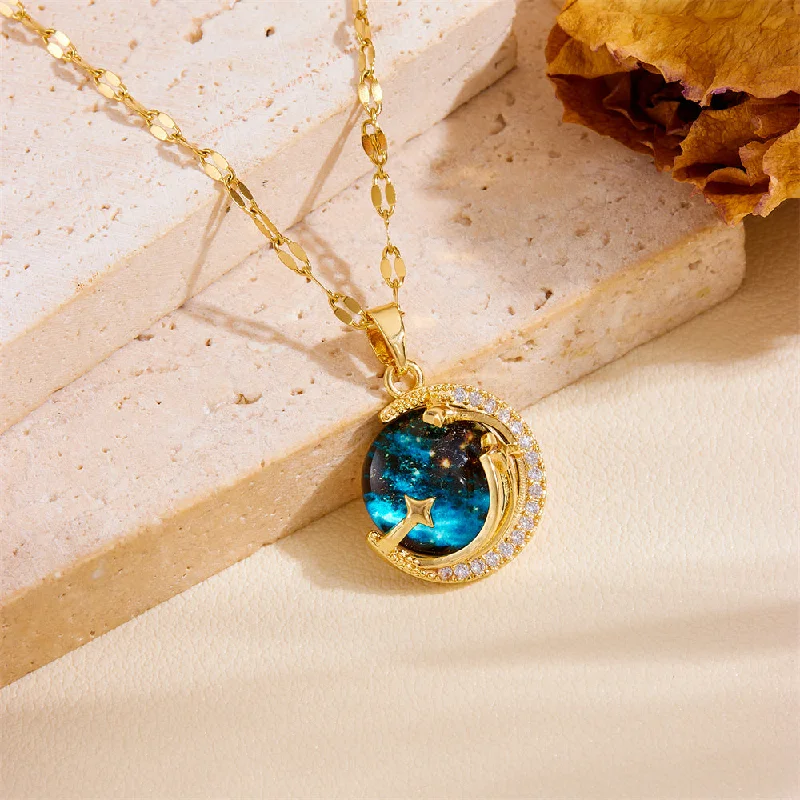 Sun Moon Star Blue Necklace Gold