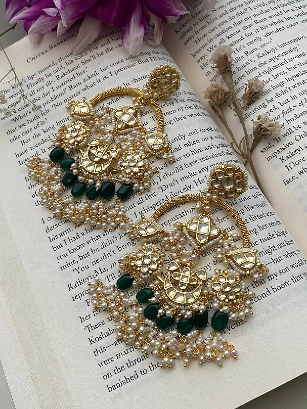 Women’s diamond stud earrings-Green Color Gold Plated Jadau Kundan Earrings - ME877Y