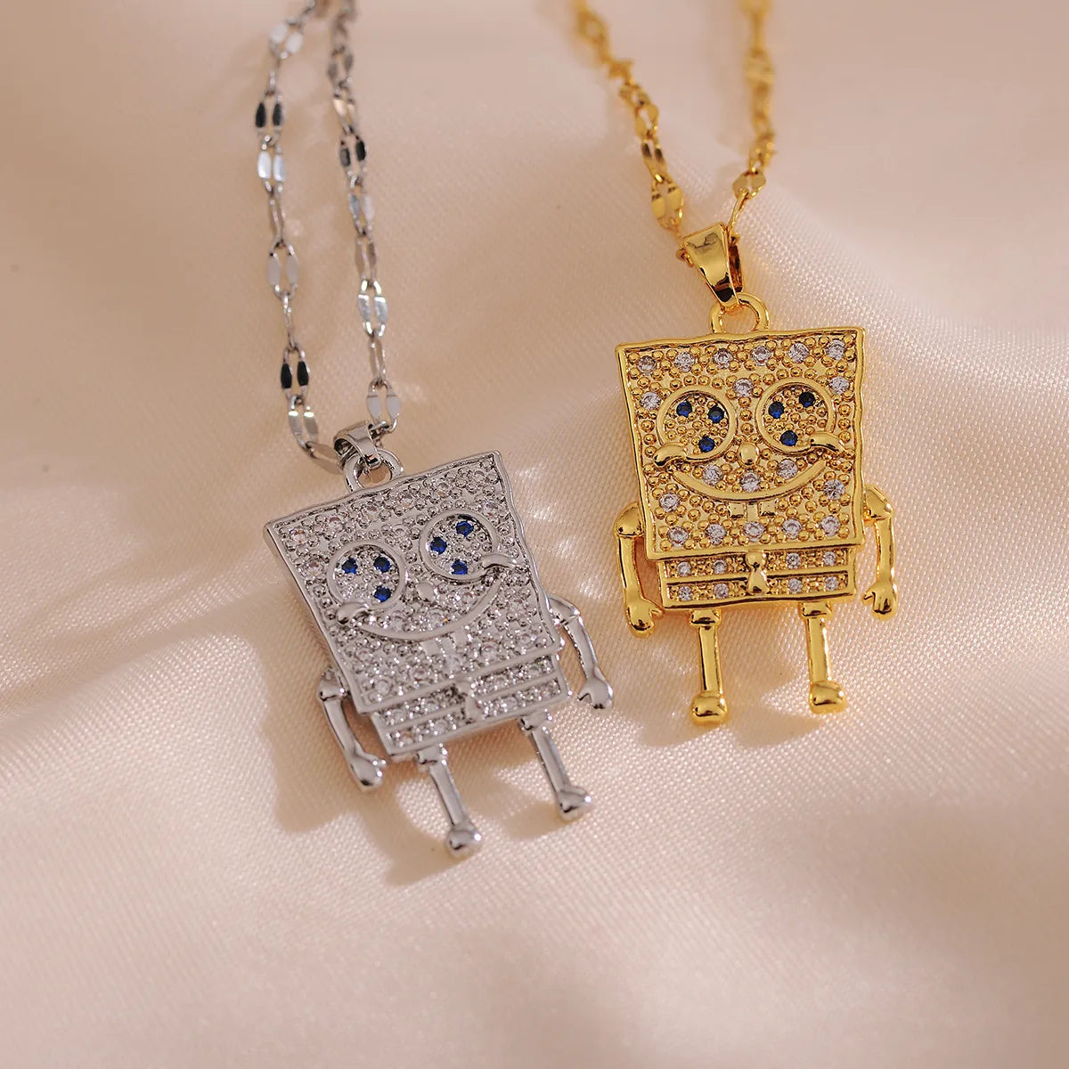 Women’s multi-layered necklaces-Titanium Steel Copper 18K Gold Plated IG Style Cute Inlay Cartoon Robot Rhinestones Pendant Necklace