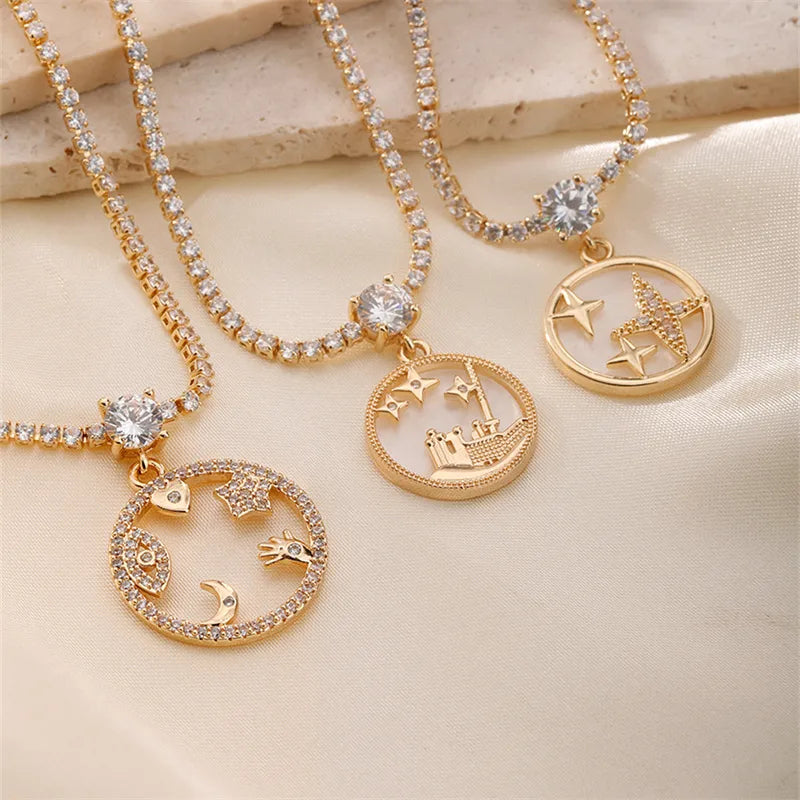 Women’s zodiac necklaces-Wholesale Elegant Lady Streetwear Star Moon Copper Hollow Out Inlay K Gold Plated Zircon Pendant Necklace