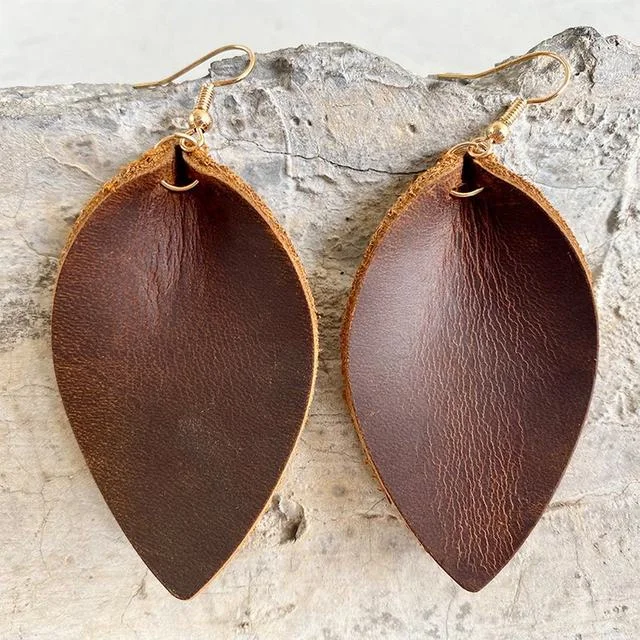 Women’s flower-shaped earrings-Beautiful Genuine Leather Leaf Earrings