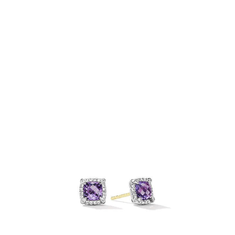 Women’s sterling silver earrings-Petite Chatelaine® Pavé Bezel Stud Earrings in Sterling Silver with Amethyst and Diamonds\, 5mm