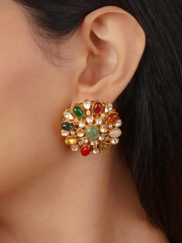 Women’s square earrings-Navratna Gold Plated Jadau Kundan Earrings - MO-EAR40N