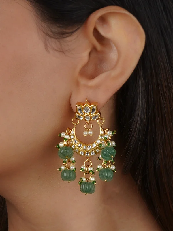 Women’s pearl earrings-Green Color Gold Plated Thappa Jadau Kundan Earrings - TJ-E37