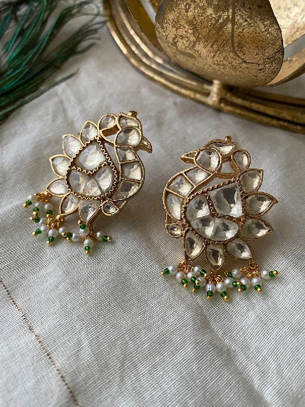 Women’s minimalist gold earrings-White Color Gold Plated Jadau Kundan Earrings - ME751YA