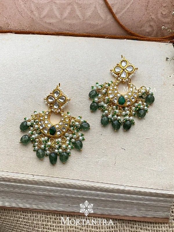 Women’s drop earrings with gemstones-Green Color Gold Plated Thappa Jadau Kundan Earrings - TJ-E24WGR